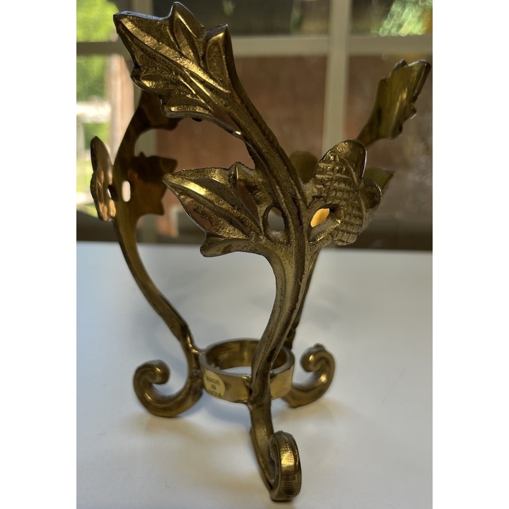 Vtg Brass Plant Stand Orb Display Bowl Holder Acorn And Oak  Leaf Regency 6" H